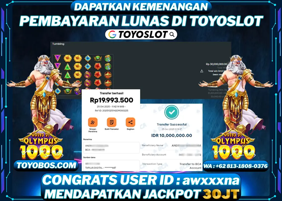 TOYOSLOT - BUKTI KEMENANGAN Gates Of Olympus 1000x Rp30,000,000,- LUNAS